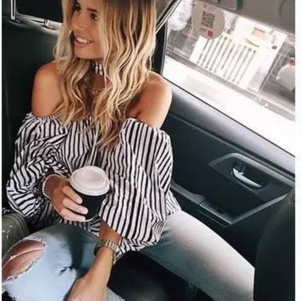 🔷Stripes Puff Off Shoulder Sexy Summer/Cruise Top - Picture 3 of 4